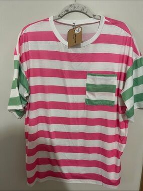 Striped Pink & Green Pocket Tee